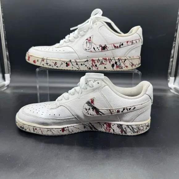 Nike Court Vision Mens Size 7 Low Triple White Custom Painted Splatter GUC - Picture 2 of 8